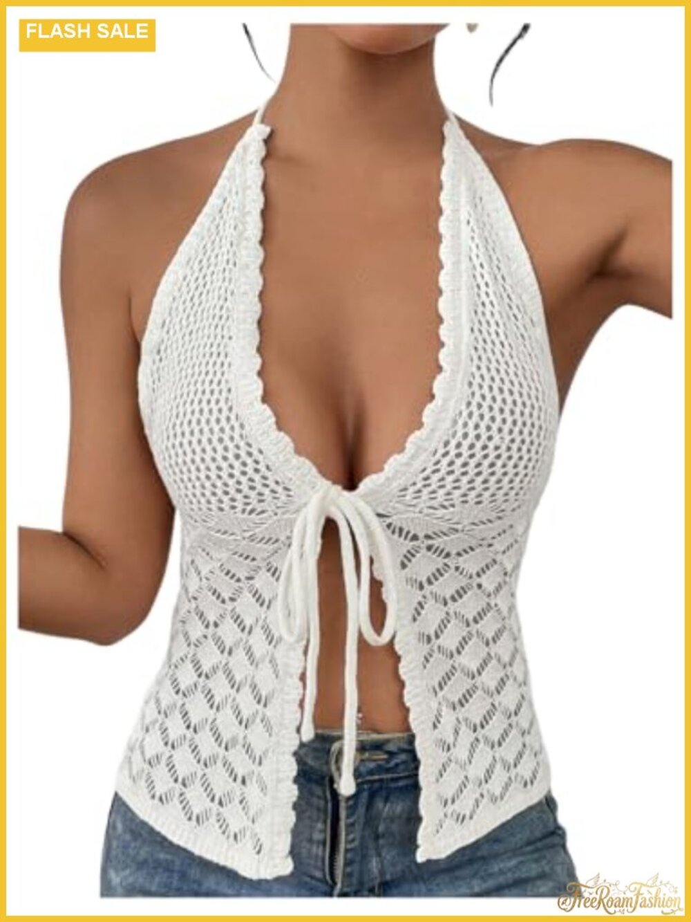 Crochet Tie Front Halter Crop Camisole Cover Up Sleeveless